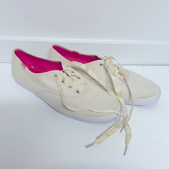 Keds Shoes Keds Cream And Pink Canvas Sneakers With Ribbon Laces